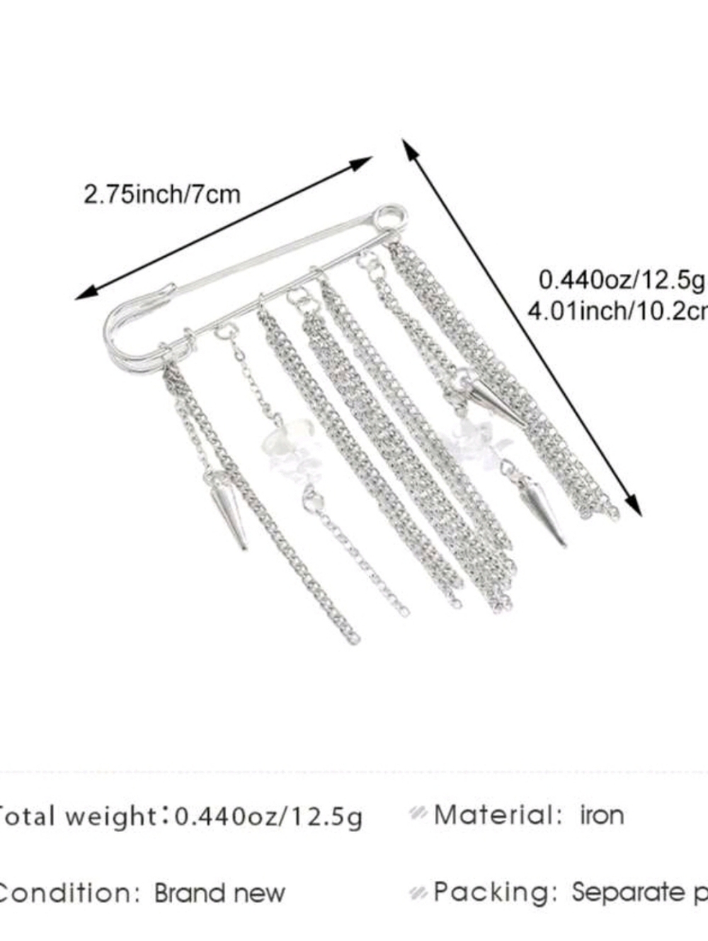 Silver Chain Fringe Safety Pin Brooch with Spike and Bead Charms - Picture 2 of 3